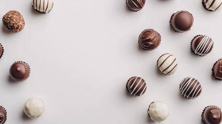 Elegant arrangement of bonbons and truffles on a white background with minimal stylingの素材