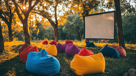 Colorful bean bags and a projector screen in an open park, trees in the background, ready for a movie nightの素材