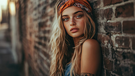 Fashionable young woman with headband, leaning against a rustic brick wall in an urban setting. Moody, artistic tonesの素材