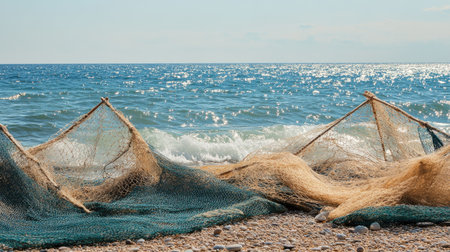 Fish drying on nets in the open air, gentle waves rolling onto the beach in the backgroundの素材
