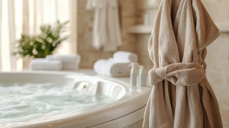 Fluffy bathrobes hanging beside a relaxing whirlpool, surrounded by spa essentials and towelsの素材