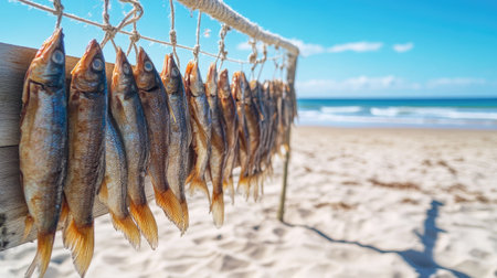 Fish drying on ropes strung along a sandy beach, with bright blue sky and distant wavesの素材