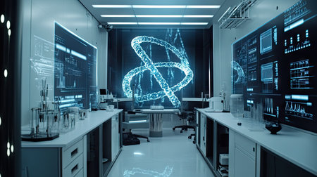 High-tech laboratory with holographic DNA strands and genetic symbols, representing advanced genetic engineeringの素材