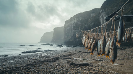 Freshly caught fish drying on ropes on a beach, with distant cliffs and ocean sprayの素材