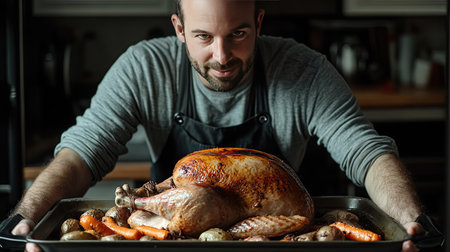 Golden roast turkey in an oven with a crispy brown skin, roasted alongside carrots and potatoesの素材