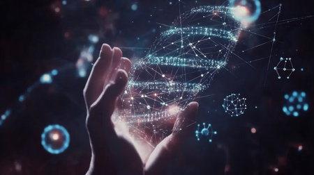Hand holding a DNA structure, with a digital overlay of molecular symbols representing gene modificationの素材