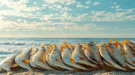 Neatly arranged fish drying on a beach, with a backdrop of blue sky and soft wavesの素材
