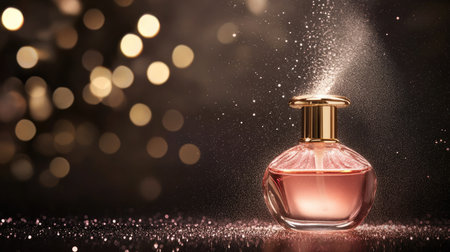 Luxury perfume bottle with fine mist spraying into the air, creating a subtle sparkleの素材