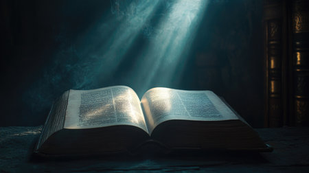 Open book under a dramatic light beam, with shadows adding mystery to the dark surroundingsの素材