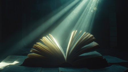 Open book with pages fanned out, light shining down on it, with dark background creating moodの素材