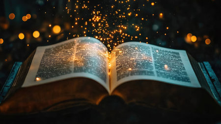 Open book on a dark surface, with light shining down, highlighting the text on the pagesの素材