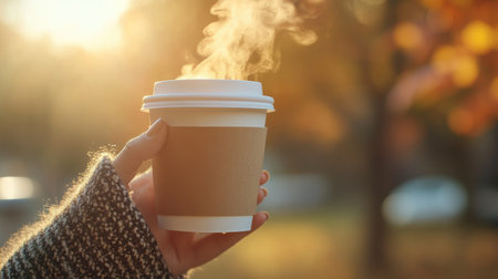 Paper coffee cup held by a person in a cozy sweater, with steam rising in the crisp autumn airの素材