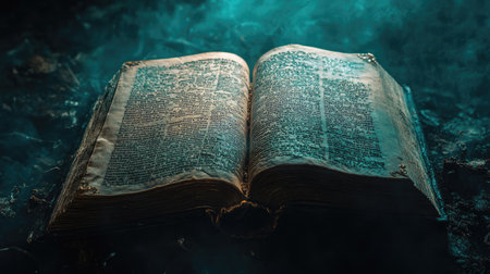 Old open book with textured pages under a focused light beam, surrounded by deep darknessの素材