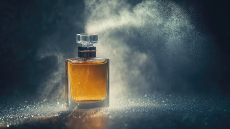 Luxury perfume bottle with fine mist spraying into the air, creating a subtle sparkleの素材