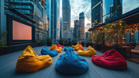 Modern open-air cinema with colorful bean bags in a city rooftop setting, tall buildings surrounding the spaceの素材