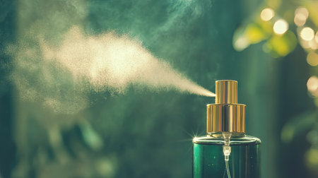 Perfume bottle with a gold nozzle spraying a fine mist into the air, captured in soft, ambient lightの素材