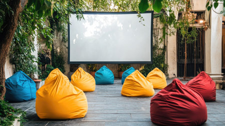 Minimalist setup with colorful bean bags in front of a blank movie screen, surrounded by greeneryの素材