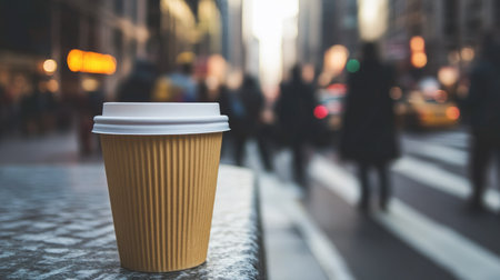Paper coffee cup on a city sidewalk, with blurred passersby and traffic in the backgroundの素材