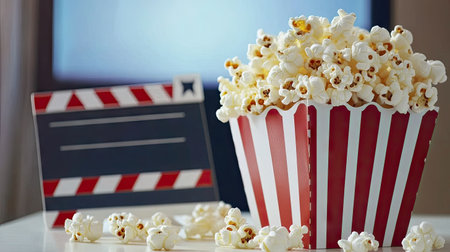 Movie night setup with popcorn bucket, clapperboard, and D glasses on a white tableの素材