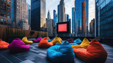 Modern open-air cinema with colorful bean bags in a city rooftop setting, tall buildings surrounding the spaceの素材