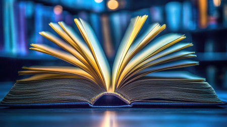 Open book with yellowed pages glowing under a focused light beam, dark background for contrastの素材