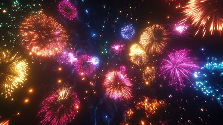 Multiple fireworks bursting in vibrant colors against a dark sky, creating an awe-inspiring displayの素材