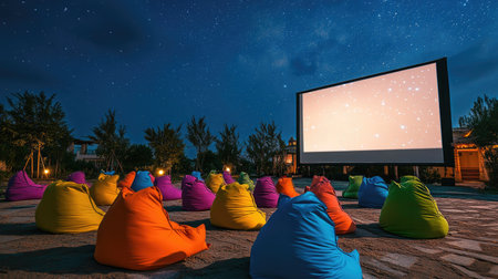 Open-air cinema scene with colorful bean bags and a giant screen under a clear starry skyの素材