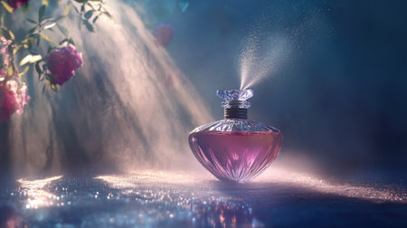 Perfume bottle spraying a mist of fragrance, capturing droplets in the air with soft, ambient lightingの素材