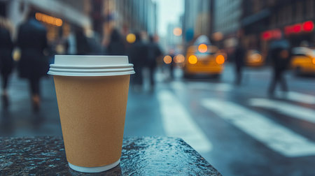 Paper coffee cup on a city sidewalk, with blurred passersby and traffic in the backgroundの素材
