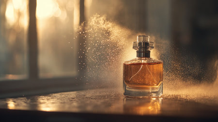 Perfume bottle spraying a mist of fragrance, capturing droplets in the air with soft, ambient lightingの素材