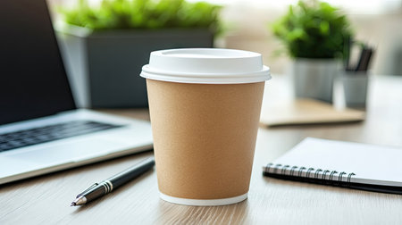 Paper coffee cup resting on a work desk with a laptop, pen, and notebook nearby, creating a work-from-home vibeの素材