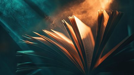 Open book with pages fanned out, light shining down on it, with dark background creating moodの素材