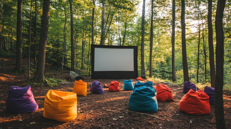 Outdoor movie setup in a forest, with colorful bean bags on the ground and screen nestled between treesの素材