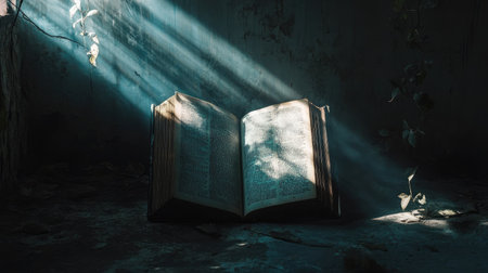 Open book bathed in a dramatic light beam, with shadows around creating a moody, dark backgroundの素材
