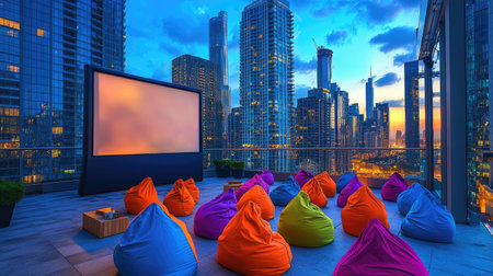 Open-air cinema setup on a rooftop terrace with bean bags in a variety of colors, cityscape viewの素材
