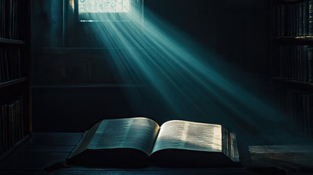 Open book in a dark room, illuminated by a single shaft of light that highlights the textの素材