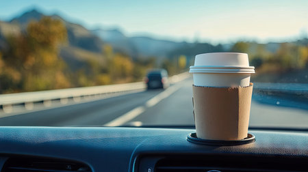 Paper coffee cup in a car's cupholder, with a road trip scene and open highway in the backgroundの素材