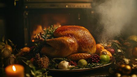 Perfectly cooked whole turkey in the oven, with herbs and veggies around for a holiday feastの素材