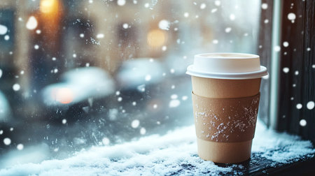 Paper coffee cup on a windowsill, with snow falling outside, creating a warm and cozy winter sceneの素材