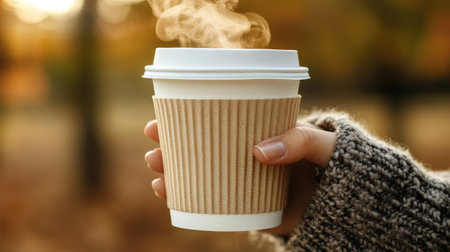 Paper coffee cup held by a person in a cozy sweater, with steam rising in the crisp autumn airの素材