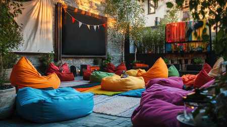Outdoor cinema setup with bean bags in a variety of bright colors, cozy blankets, and cushions scattered aroundの素材