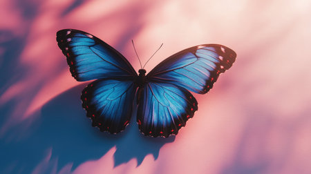 Stunning butterfly with vivid blue wings and subtle black edges, isolated on a soft, gradient background.の素材