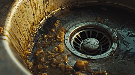 Metal sink with dirty, greasy drain, showing water spots and residue from food.の素材