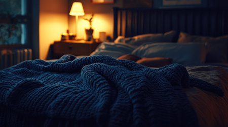 Soft, oversized knitted wool blanket in deep navy blue, folded at the foot of a bed, with warm lighting creating a relaxed atmosphereの素材