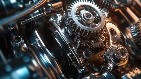 Gears and cogwheels inside an engine, metallic teeth interlocked, in a close-up composition.の素材