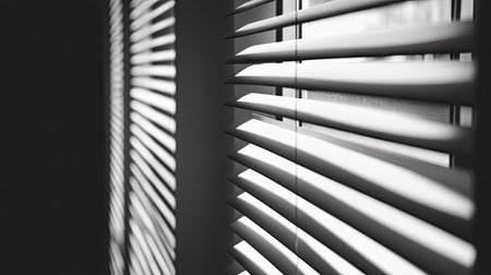 Close-up of an aluminum louver window, tilted open, showing sleek design and natural light filtering through.の素材