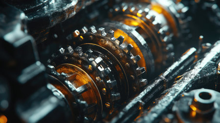Mechanical engine gears meshing, close-up view showing the sturdy metallic build and oil sheen.の素材