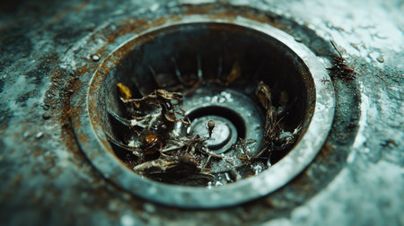 Metal sink drain filled with debris, surrounded by hard water stains and residue buildup.の素材