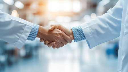 Two doctors in lab coats shaking hands, close-up emphasizing cooperation in a modern hospital environment.の素材