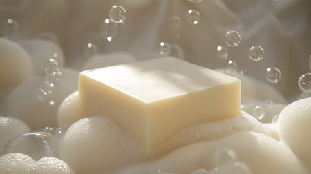 Soap bar coated with fluffy white foam, bubbles sparkling in soft, ambient lighting.の素材
